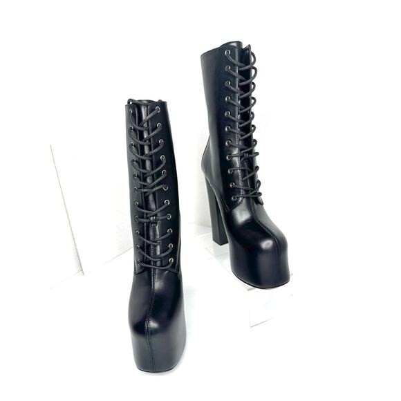 Saint Laurent Black Cherry Leather Platform Ankle Boots lace-up Designer EU 36.5 - Picture 9 of 14